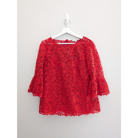 Boden Brittany Lace Top Red Size 10 Short Sleeve Scalloped Hem Elegant Blouse - Picture 4 of 10